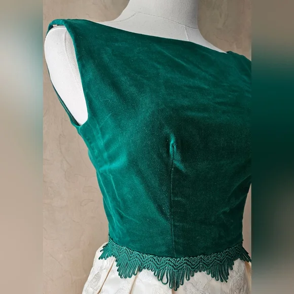 Vintage 60's Party Dress Velvet Green Bodice Ivory Fut & Flare Net Lined - Picture 3 of 8